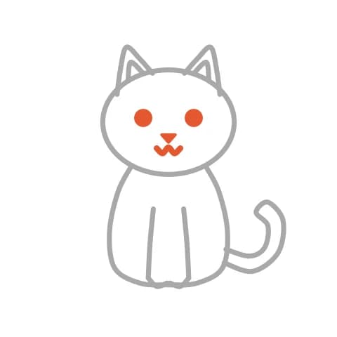 Étape 6 : Dans la tête, dessine deux yeux ronds, un petit nez en triangle et une bouche en forme de W.