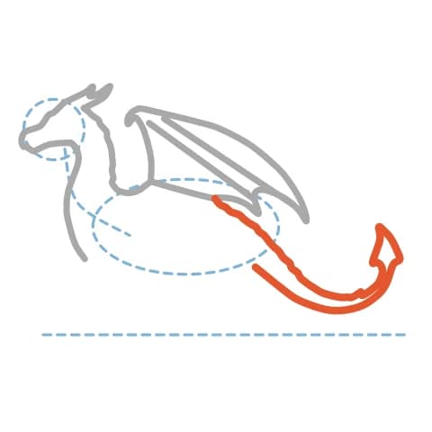 Étape 6 : Prolonge le dos par une courbe, puis dessine une longue queue effilée terminée par une pointe en forme de pique.