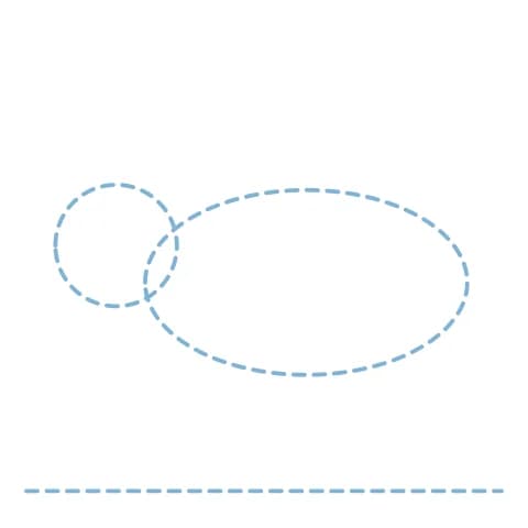 Étape 1 : Trace légèrement un grand ovale pour le corps, un rond plus petit pour la tête et un trait horizontal dessous pour le sol.