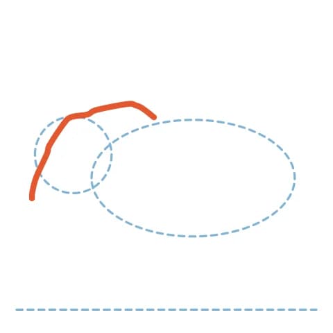 Étape 2 : Sur le rond de la tête, trace une courbe pour le front bombé, puis descends le visage jusqu’à la base de la trompe.