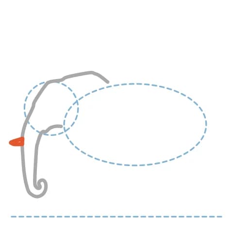 Étape 4 : Dessine une défense en triangle étroit, légèrement courbé, qui pointe vers l’avant près de la base de la trompe.