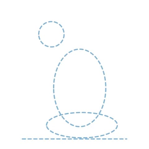 Étape 1 : Trace légèrement un rond pour la tête, un grand ovale vertical dessous pour le corps assis, puis un ovale aplati pour situer queue et sol.