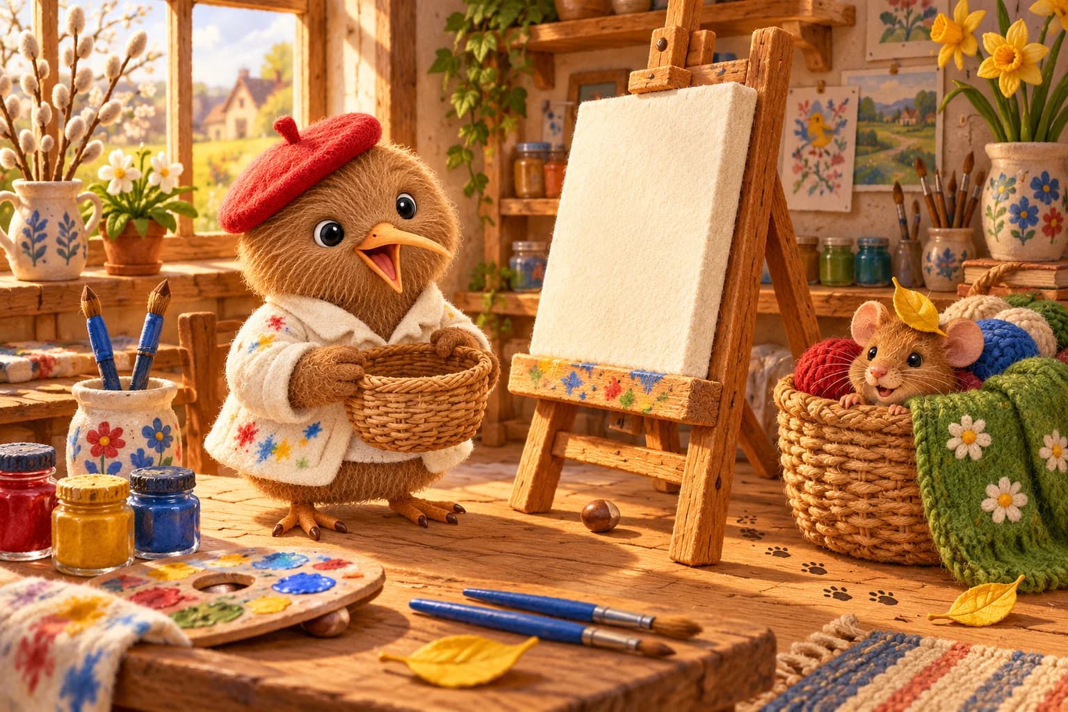 Dans l’atelier coloré, Kiwi tient un panier vide près du chevalet, tandis que Biscotte observe depuis un panier de laine.