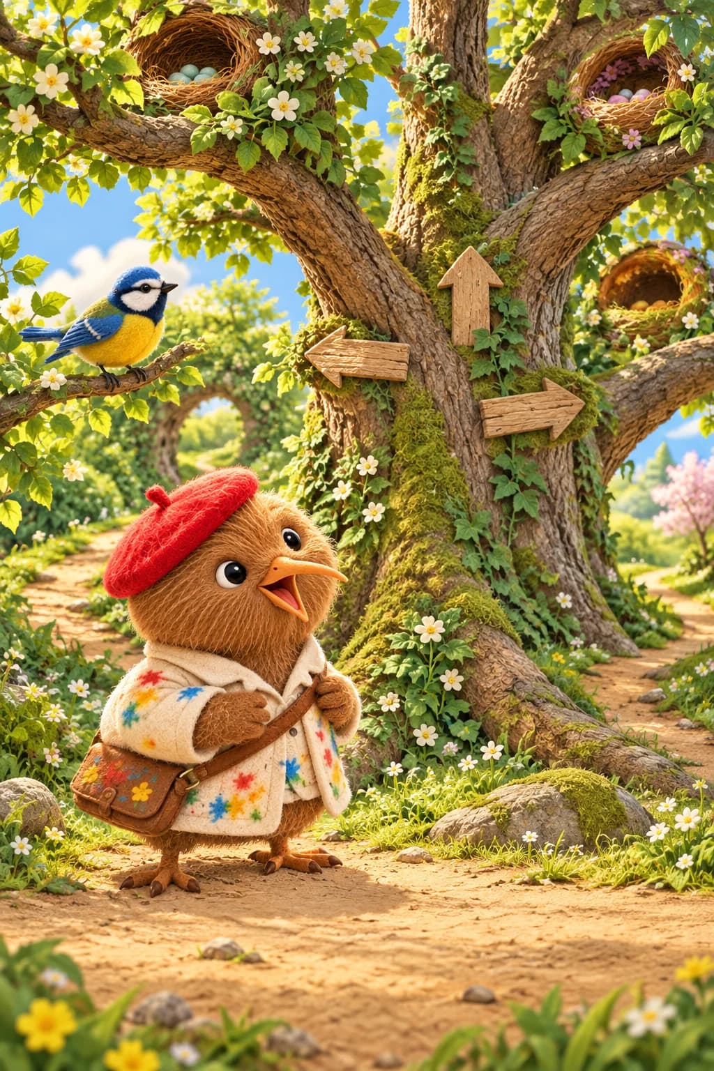 Kiwi regarde un immense arbre où des nids douillets se cachent parmi les branches.