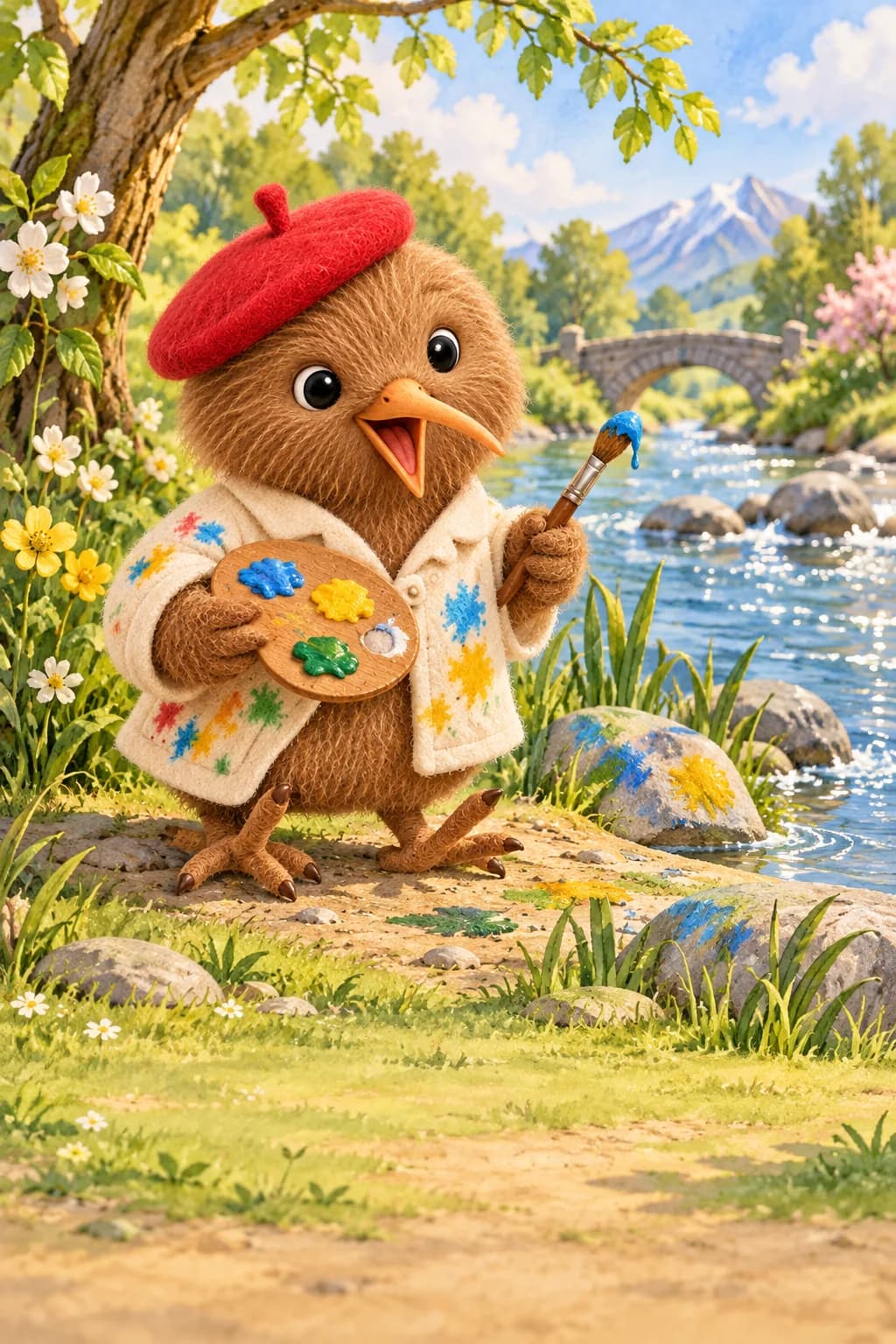 Kiwi tient son pinceau près d’une rivière printanière, devant quelques premières touches de couleur.
