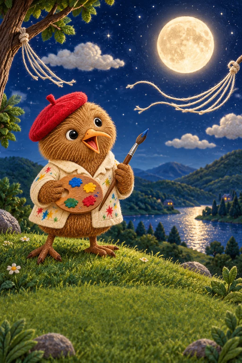 Kiwi observe la lune depuis une colline, près de quelques nuages et fils de hamac inachevés.