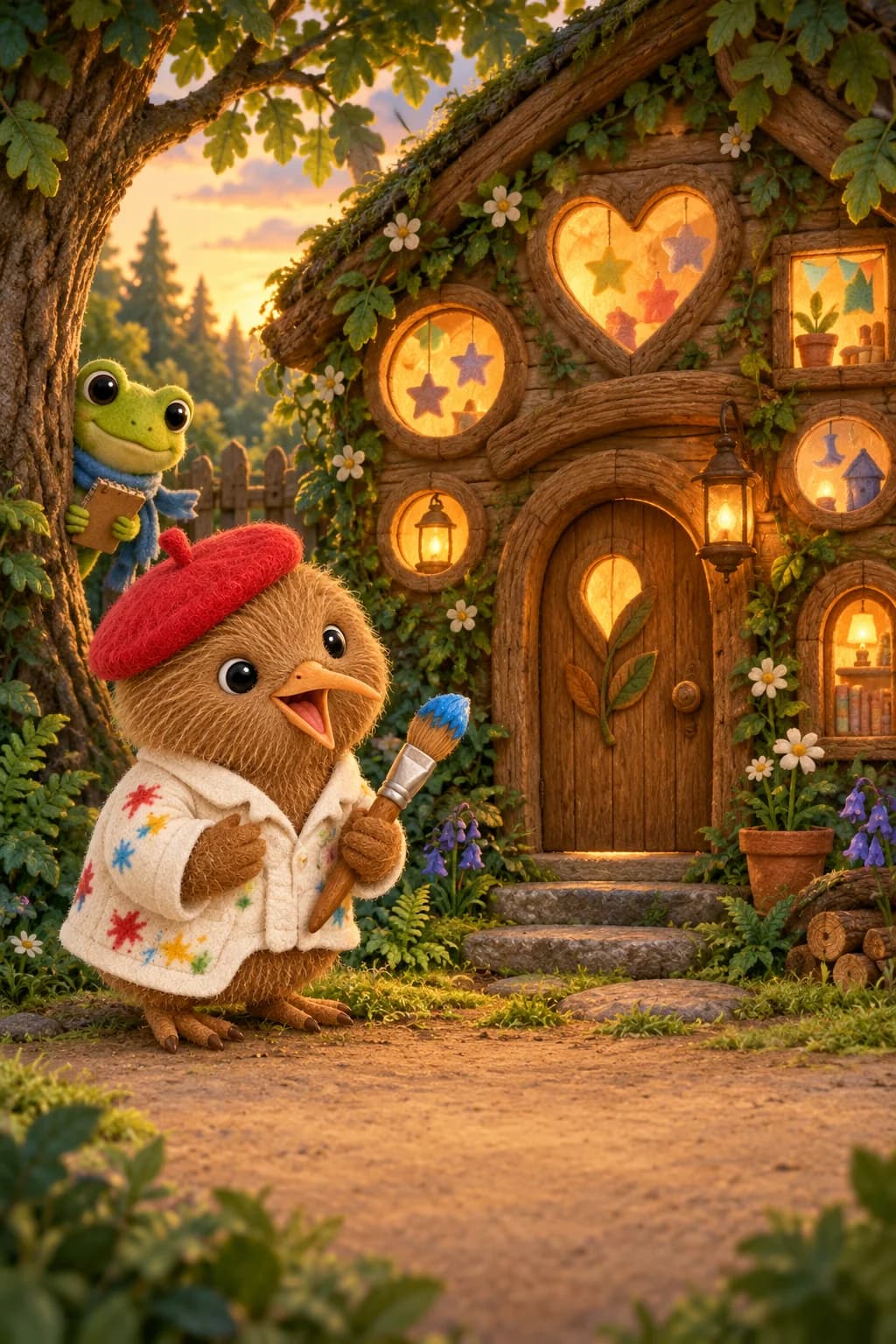 Kiwi tient son pinceau devant une cabane mystérieuse aux fenêtres multicolores, cachée sous les arbres.