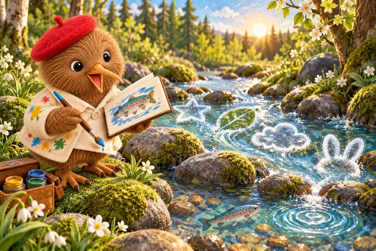 Kiwi, coiffé de son béret rouge, peint près d’une rivière qui dessine une étoile, une feuille et un nuage.