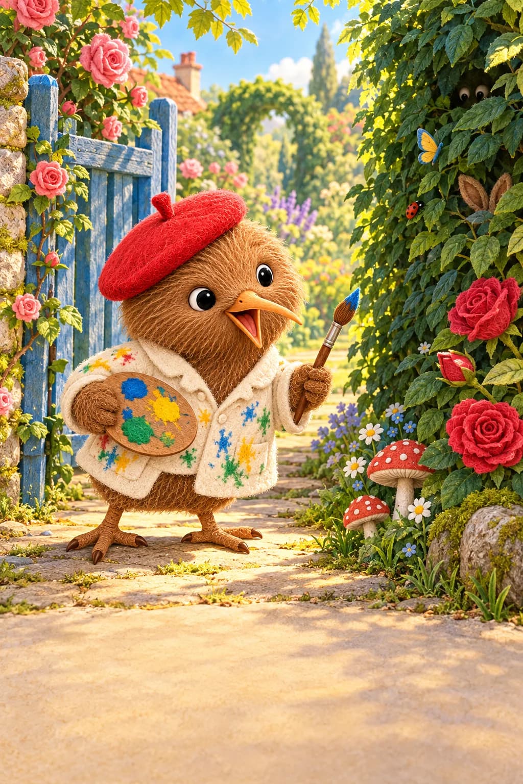 Kiwi, en béret rouge, observe un jardin coloré où se cachent de mystérieuses ombres.