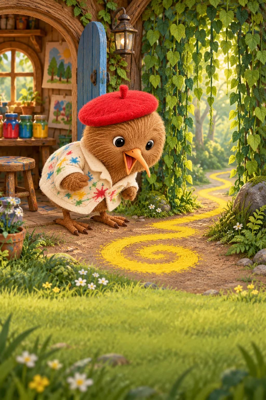 Kiwi observe une trace jaune en spirale qui sort de son atelier vers les lianes.