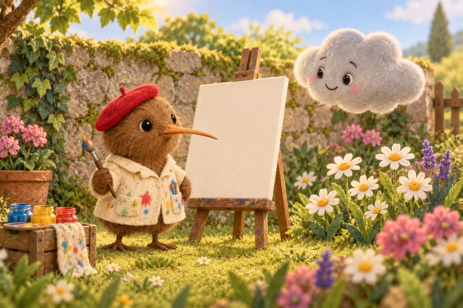 Dans le jardin, Kiwi, petit oiseau brun au béret rouge, tient un pinceau près d’une toile blanche et d’un nuage gris.