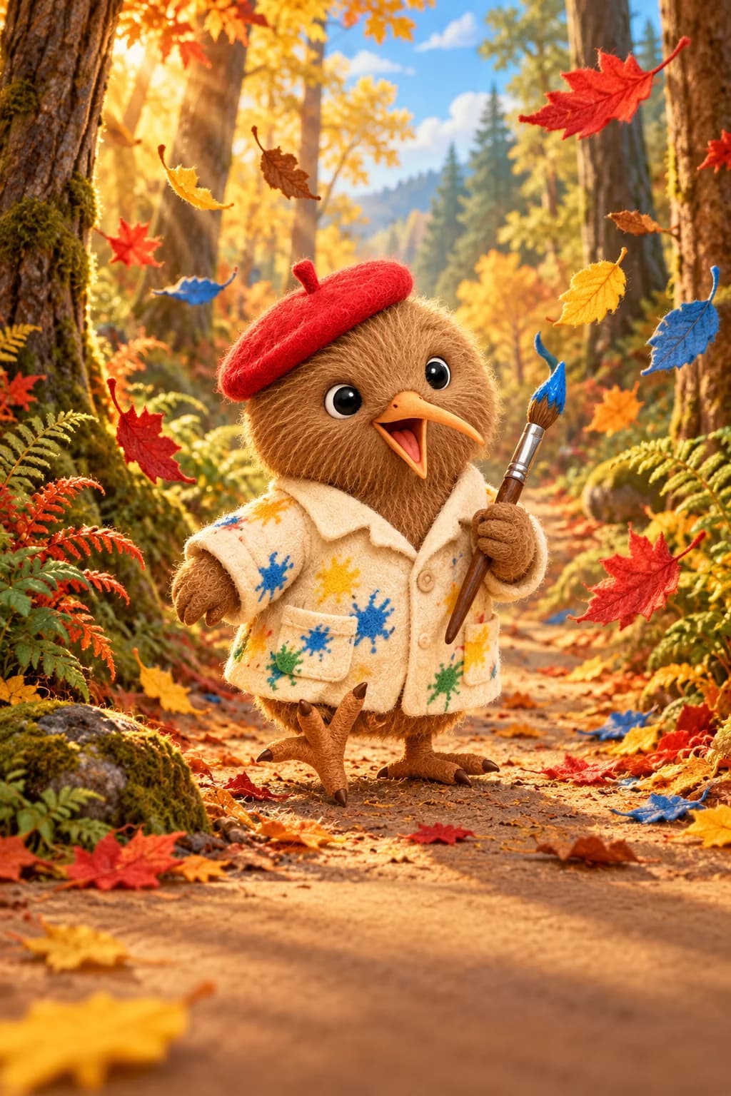 Kiwi tient un pinceau au bord d’un sentier d’automne entouré de feuilles colorées qui murmurent.