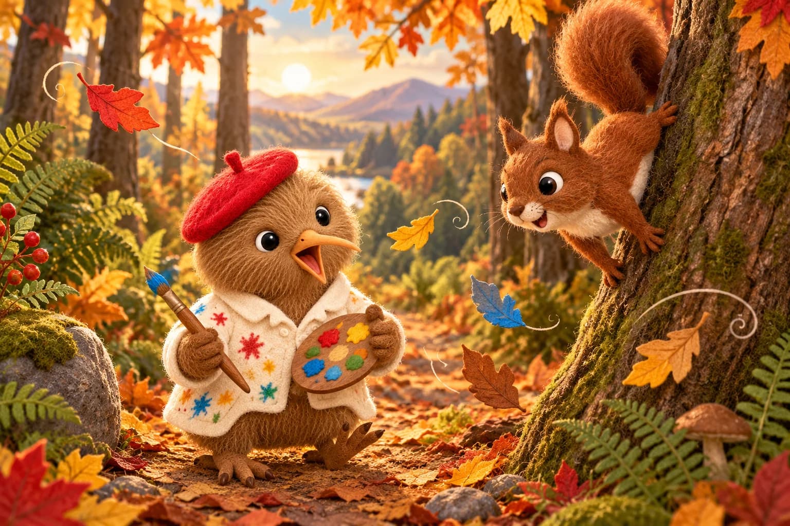 Surpris, Kiwi tient son pinceau sur le chemin pendant que Noisette descend d’un arbre entouré de feuilles colorées.