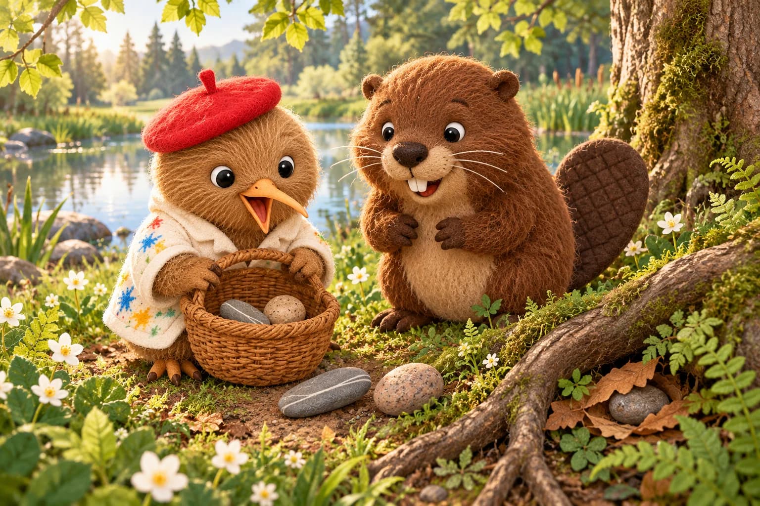 Au bord de l’étang, Kiwi et Pompon découvrent trois galets, dont deux rejoignent le panier et un reste sous les feuilles.