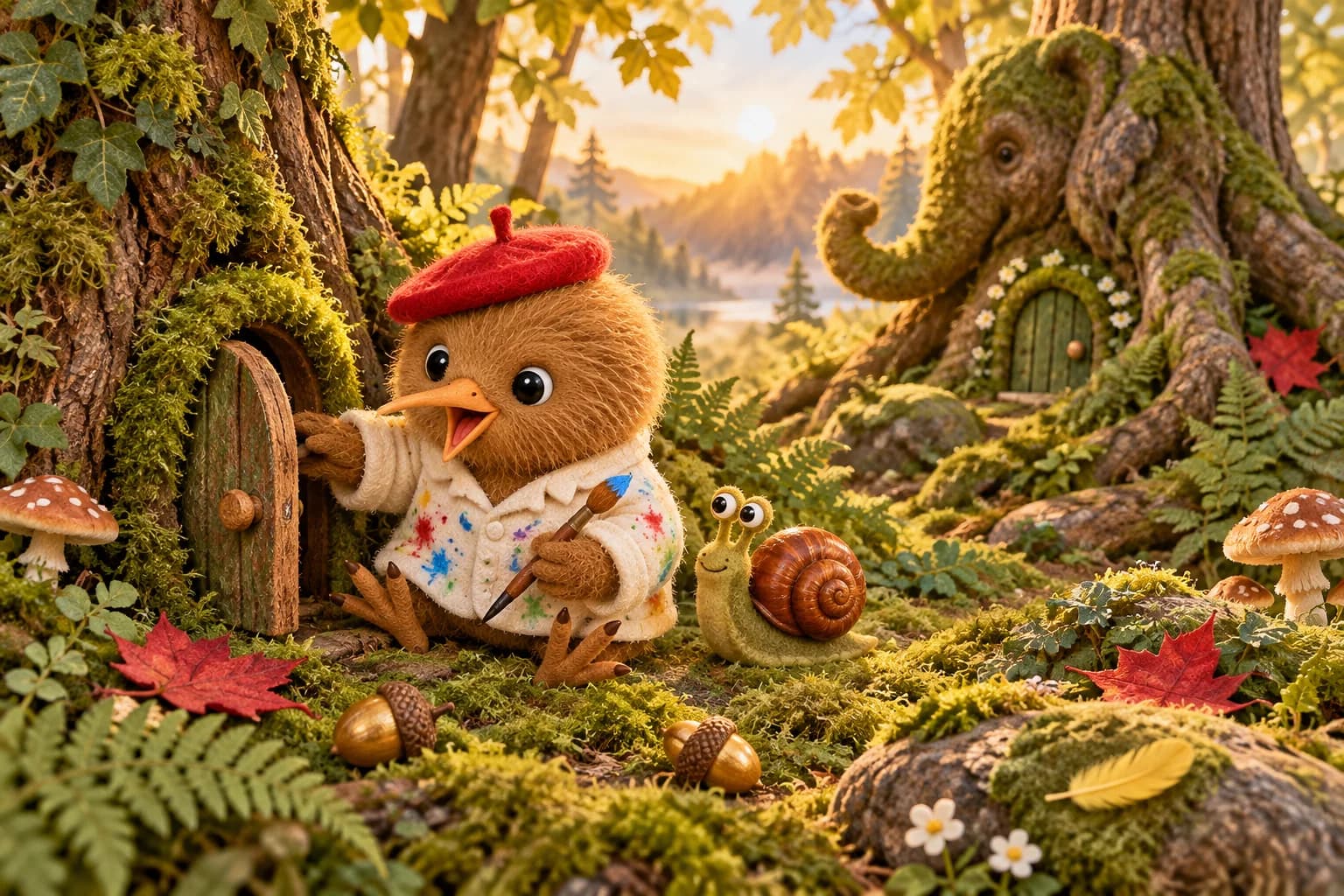 Au pied d’un tronc, Kiwi ouvre une porte de mousse. Paco observe, tandis qu’une autre se cache dans un arbre-éléphant.