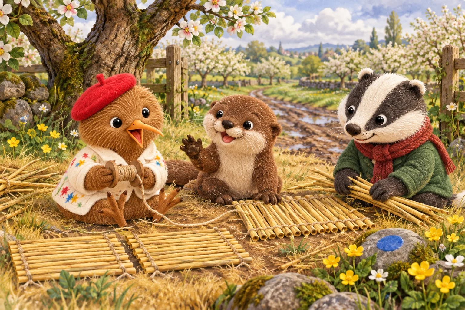 Au bord du sentier boueux, les trois amis fabriquent des tapis de roseaux, tandis que Kiwi tient une bobine presque vide.