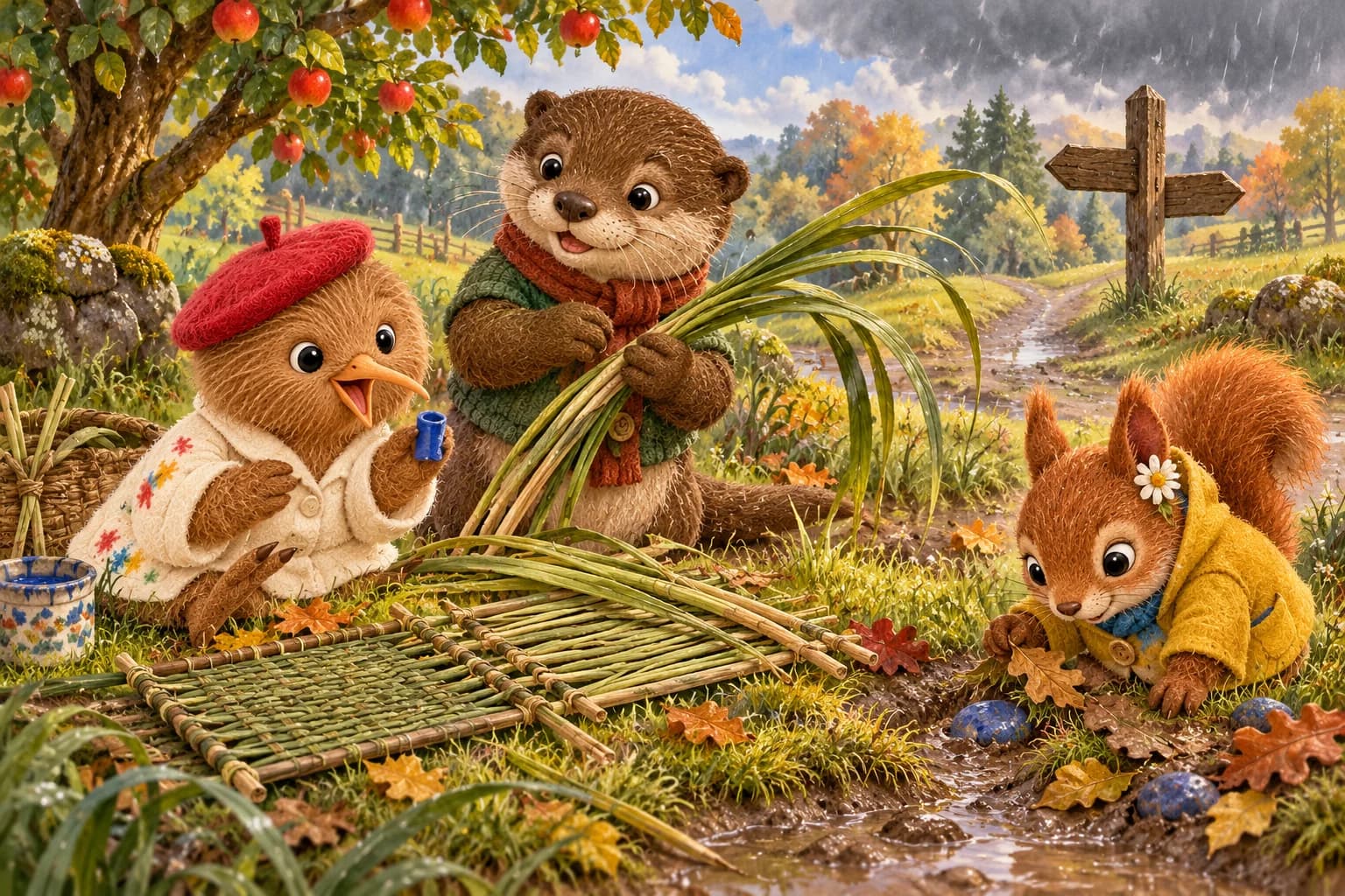 Kiwi tient un bouchon bleu devant les feuilles de roseaux de Basile, tandis que Nila examine des pierres bleues parmi les herbes.
