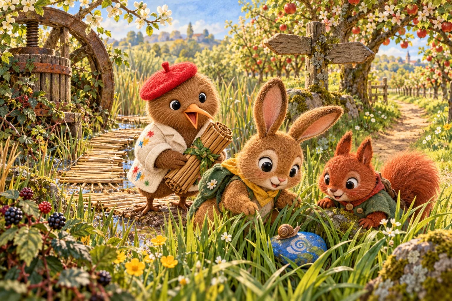Nila écarte les herbes et découvre une pierre bleue portant un escargot, tandis que Kiwi tient un tapis roulé près de Basile.