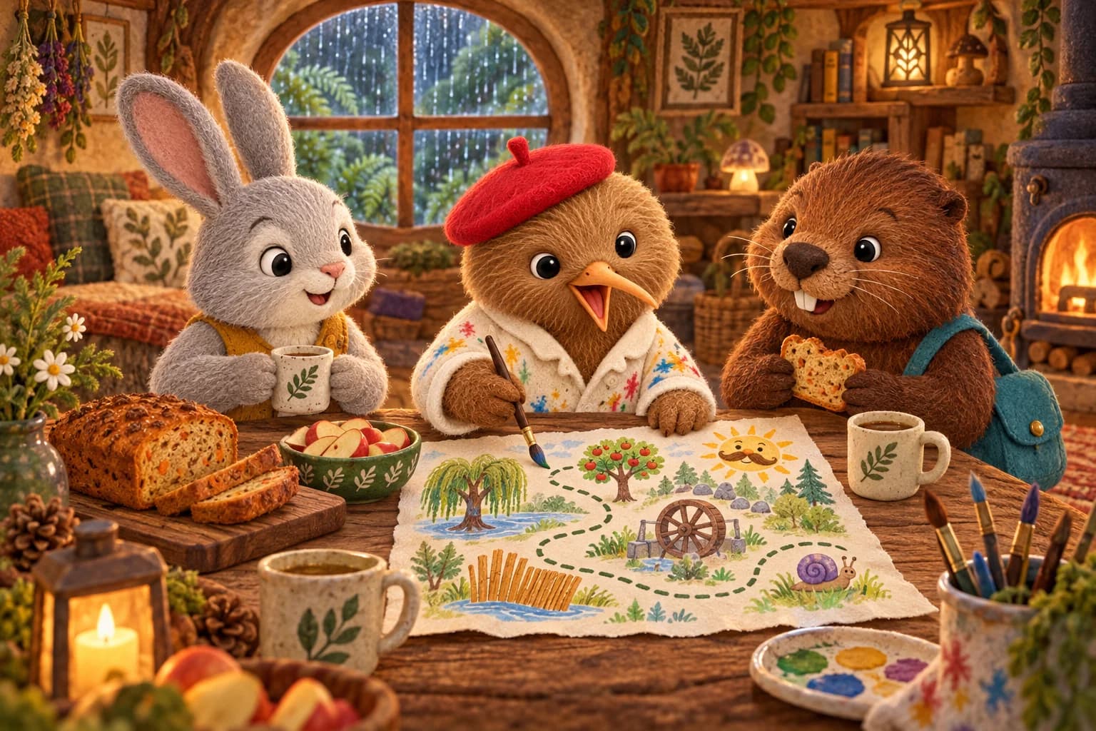 Dans le terrier de Nila, Kiwi peint une carte à table avec ses amis, entre pain aux carottes et tranches de pomme.