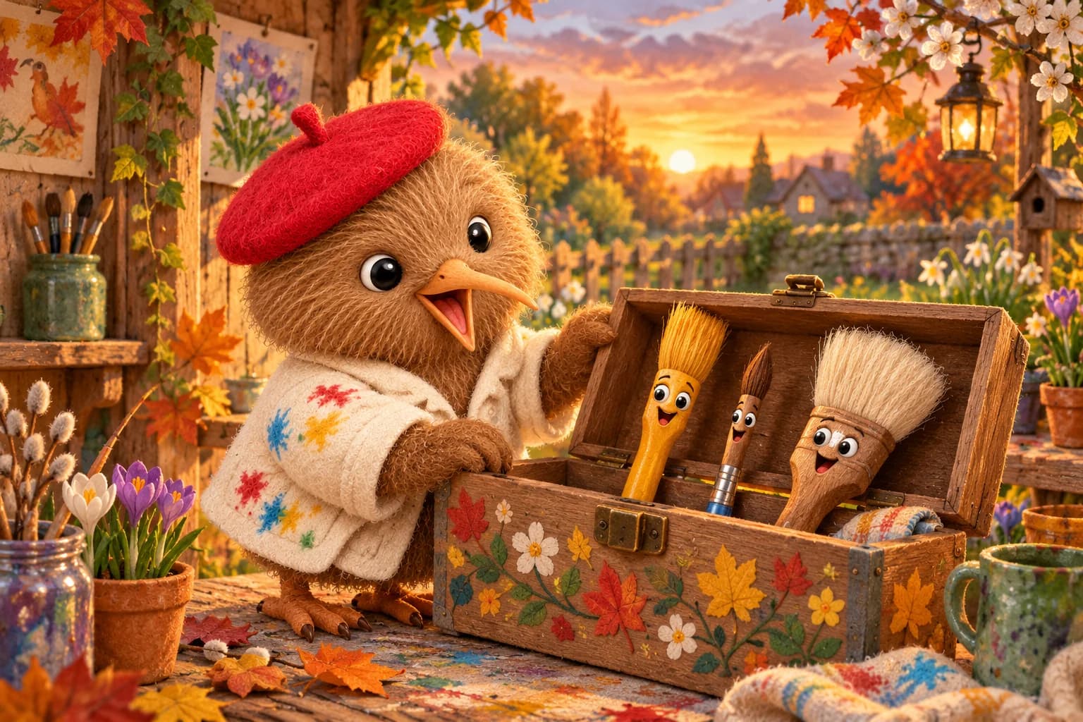 Kiwi ouvre sa grande boîte en bois dans son atelier-jardin. Trois pinceaux colorés se penchent avec enthousiasme.