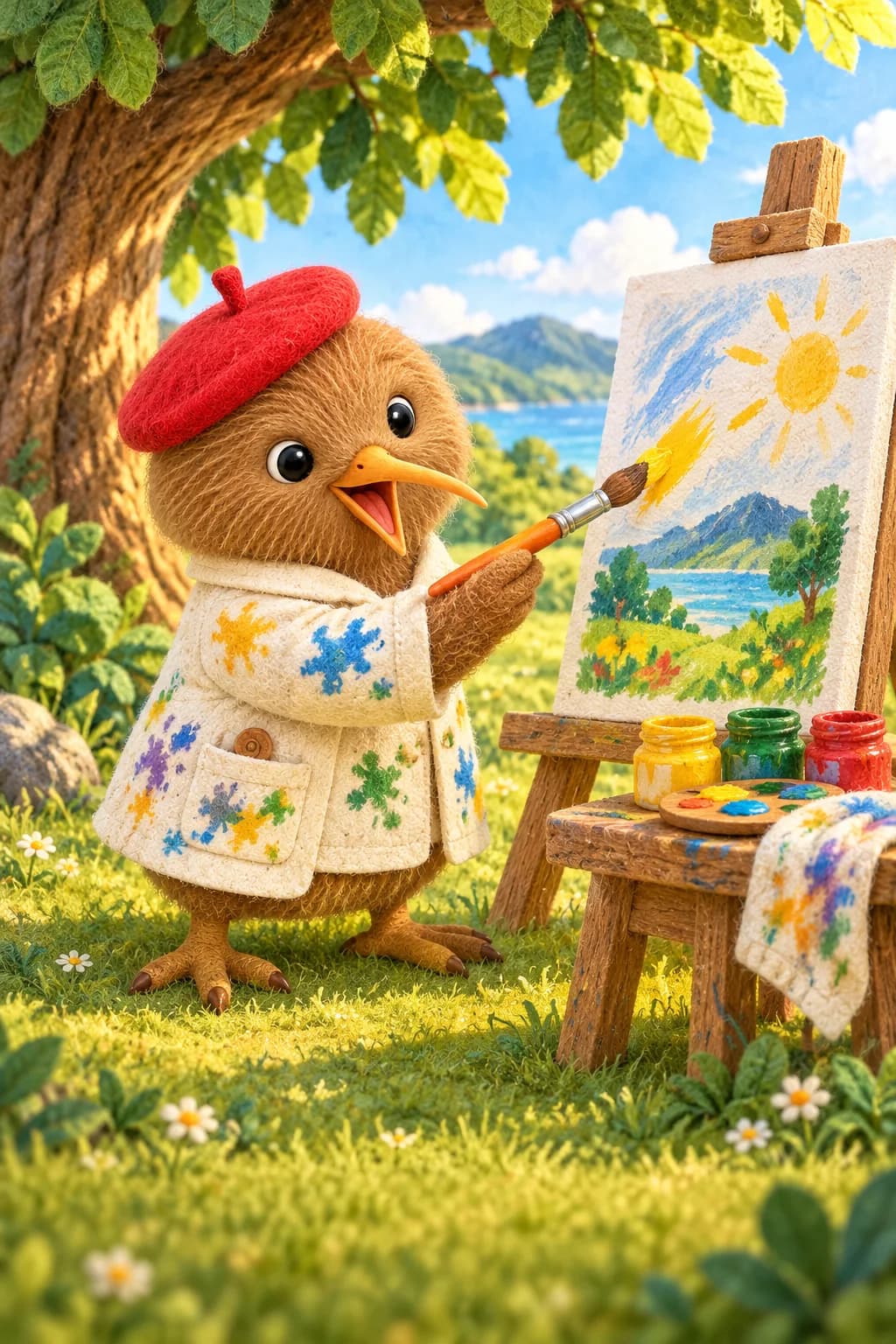 Kiwi, peintre au béret rouge, regarde son pinceau filer devant une toile blanche sous un grand arbre.