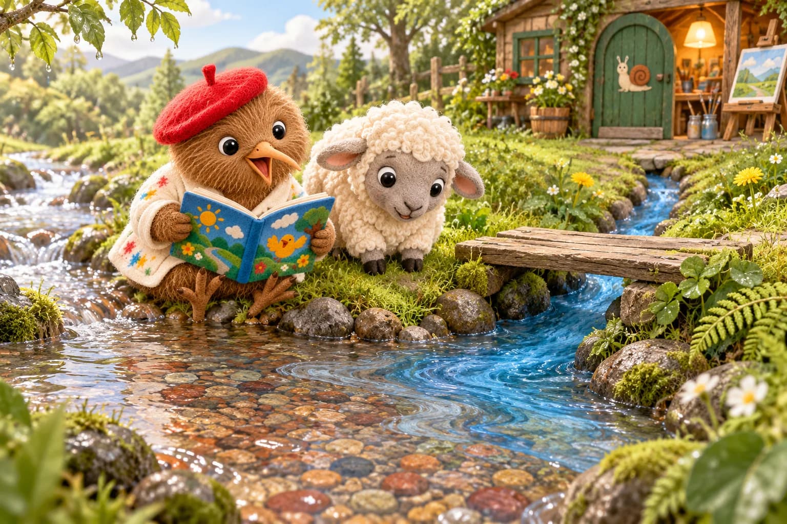 Accroupis près du pont, Kiwi et Mina observent une rigole venant de l’atelier, dont l’eau bleue rejoint le ruisseau transparent.