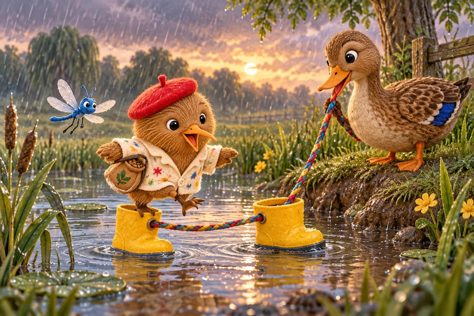 Kiwi avance sur une botte jaune flottante, tandis que Madame Canard tient la corde et Lila vole près de lui.