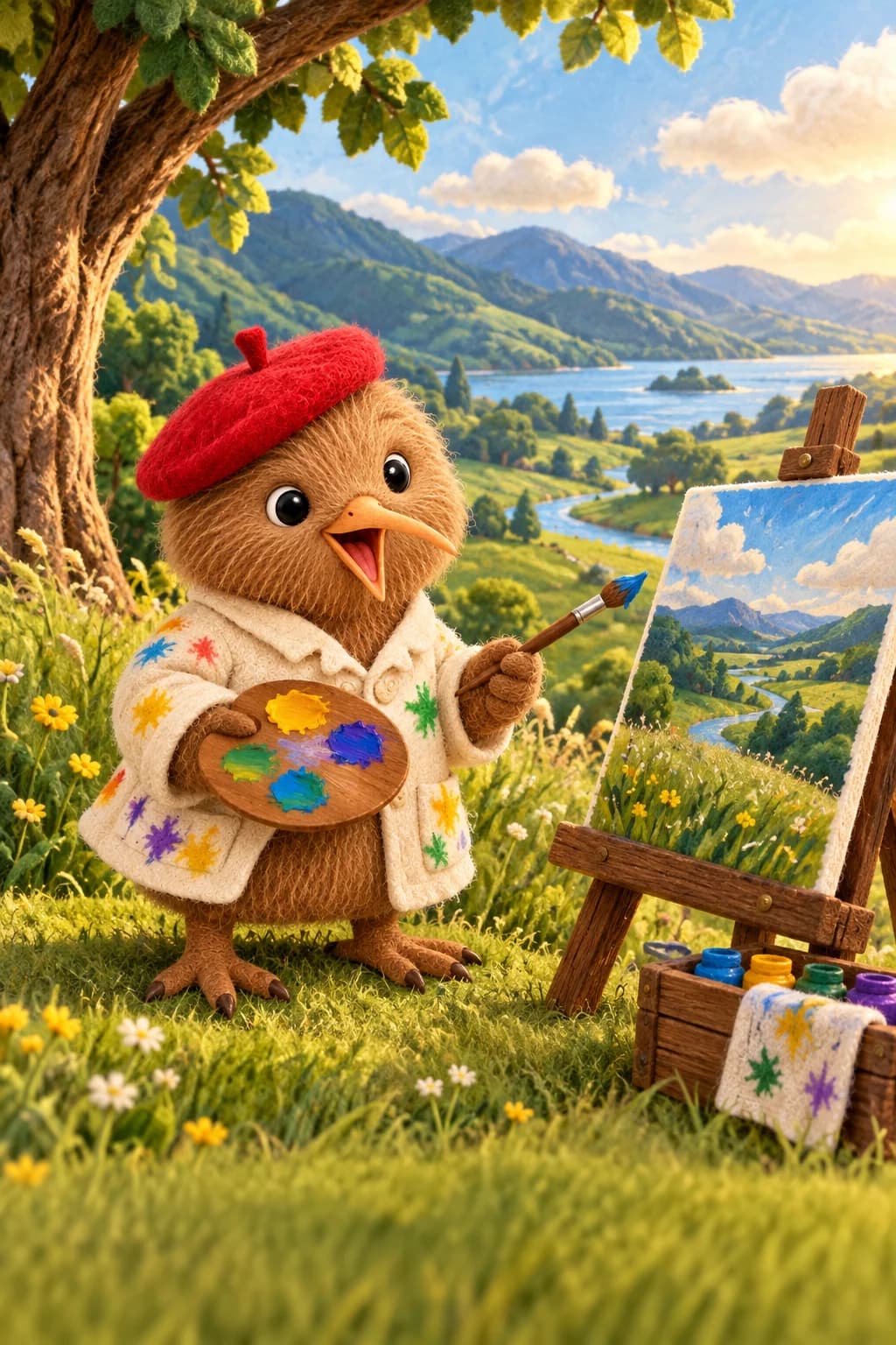 Kiwi, petit peintre au béret rouge, observe une prairie peinte où les herbes bougent doucement.