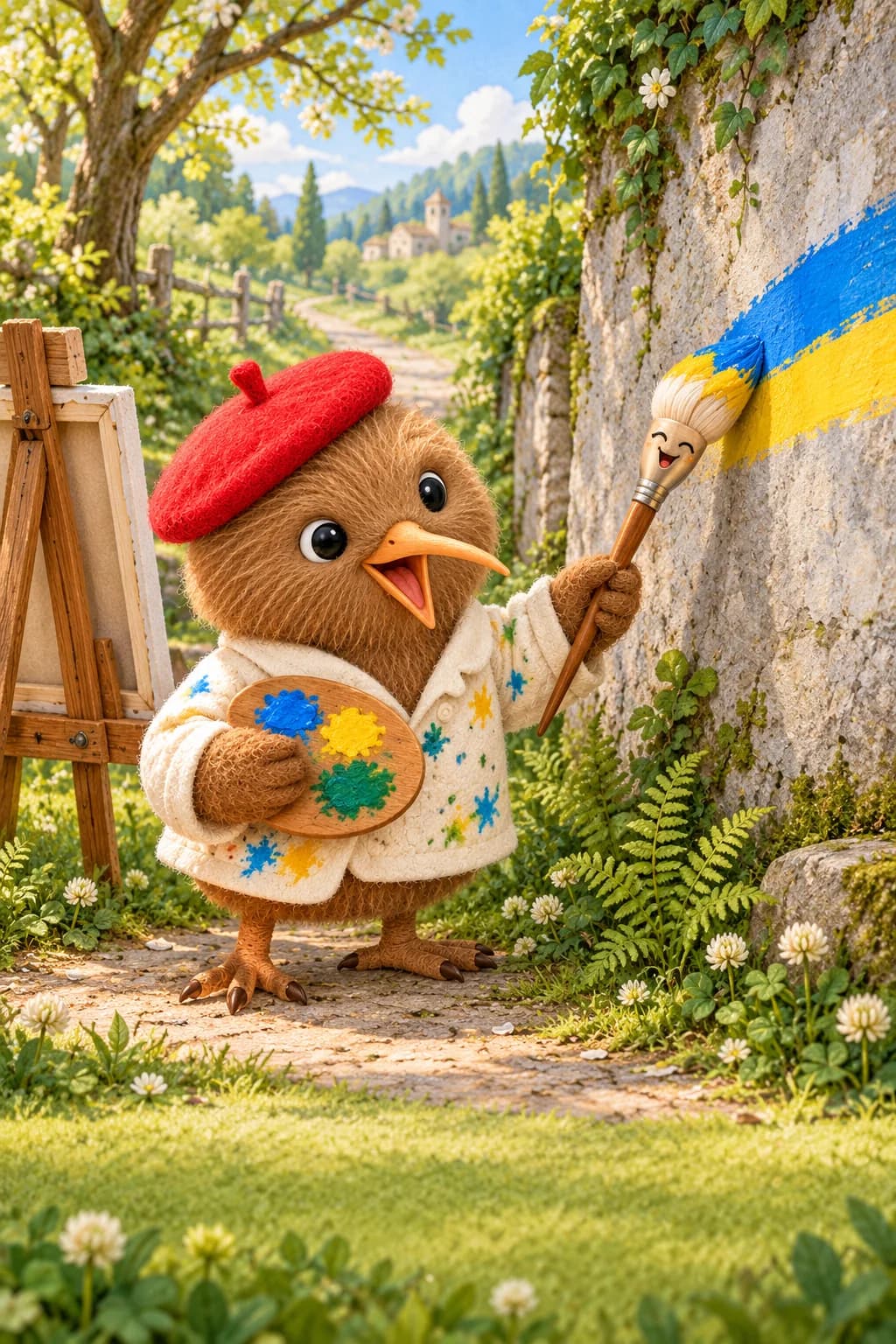 Kiwi, son pinceau vivant et un mur gris attendent les premières couleurs au bord du bois.