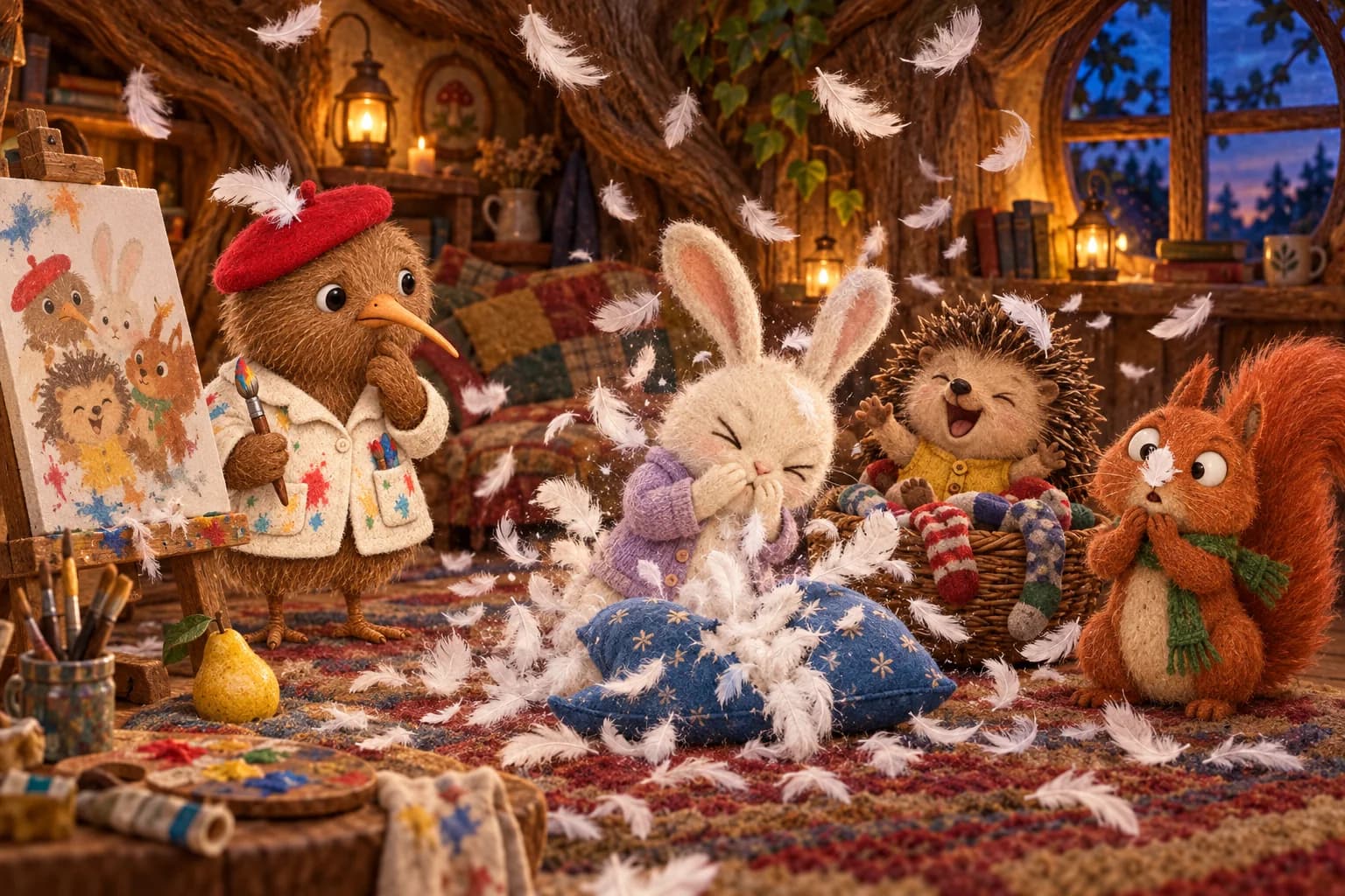 Nila éternue parmi les plumes de son coussin déchiré, tandis que Malo rit dans un panier et Pipo louche sur son nez.