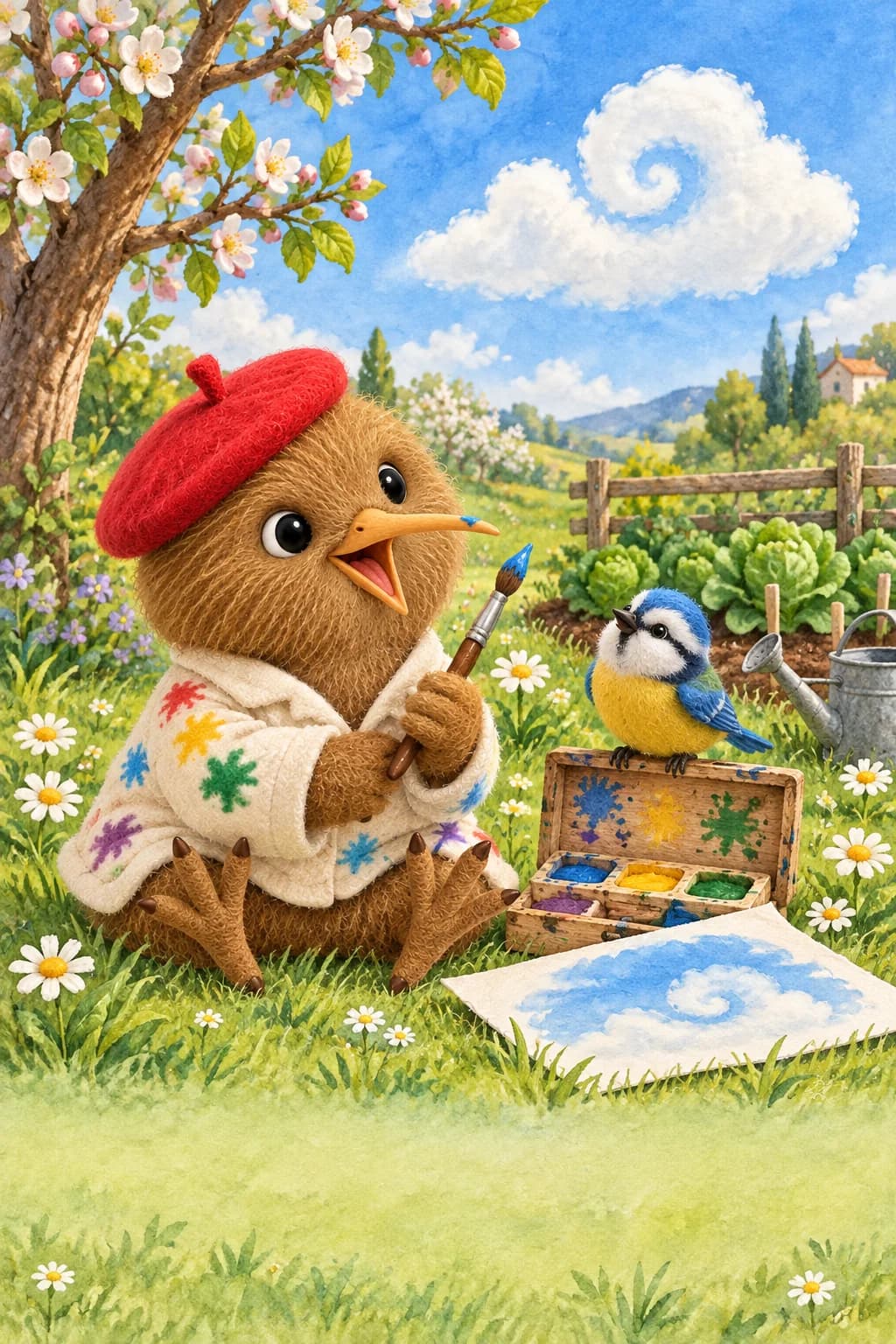 Kiwi lève son pinceau vers un nuage blanc, tandis que Zélie attend près des couleurs.