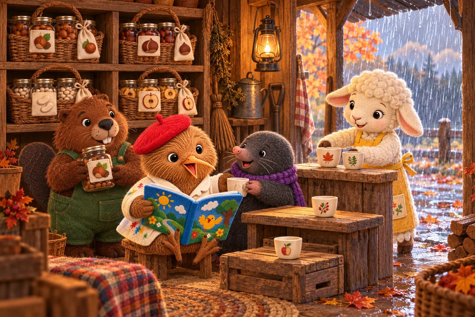 Dans la remise, les paniers de bocaux garnissent les étagères ; près des quatre tasses, les amis restent abrités de la pluie.