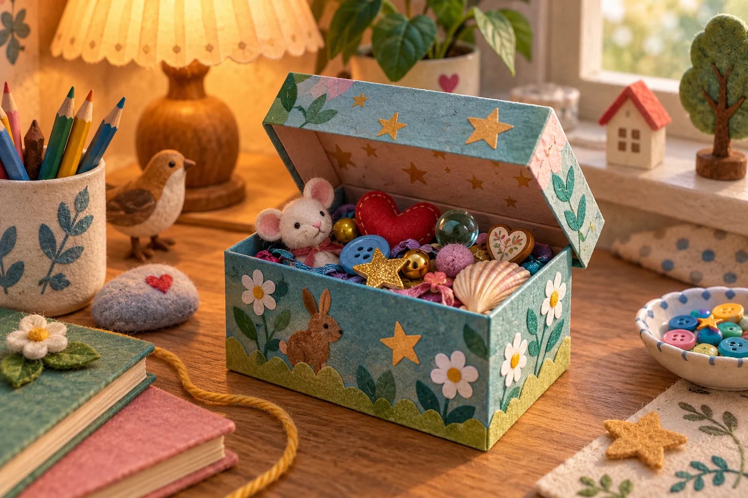 Petite boîte en papier décorée avec un couvercle simple, ouverte et prête à contenir de petits objets.