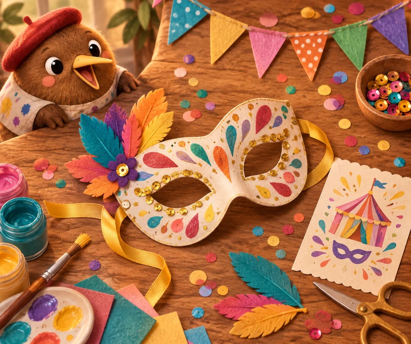 Planche imprimable de carnaval comprenant un masque neutre à décorer, une série de fanions colorés à assembler et une invitation à compléter pour un défilé ou un goûter.