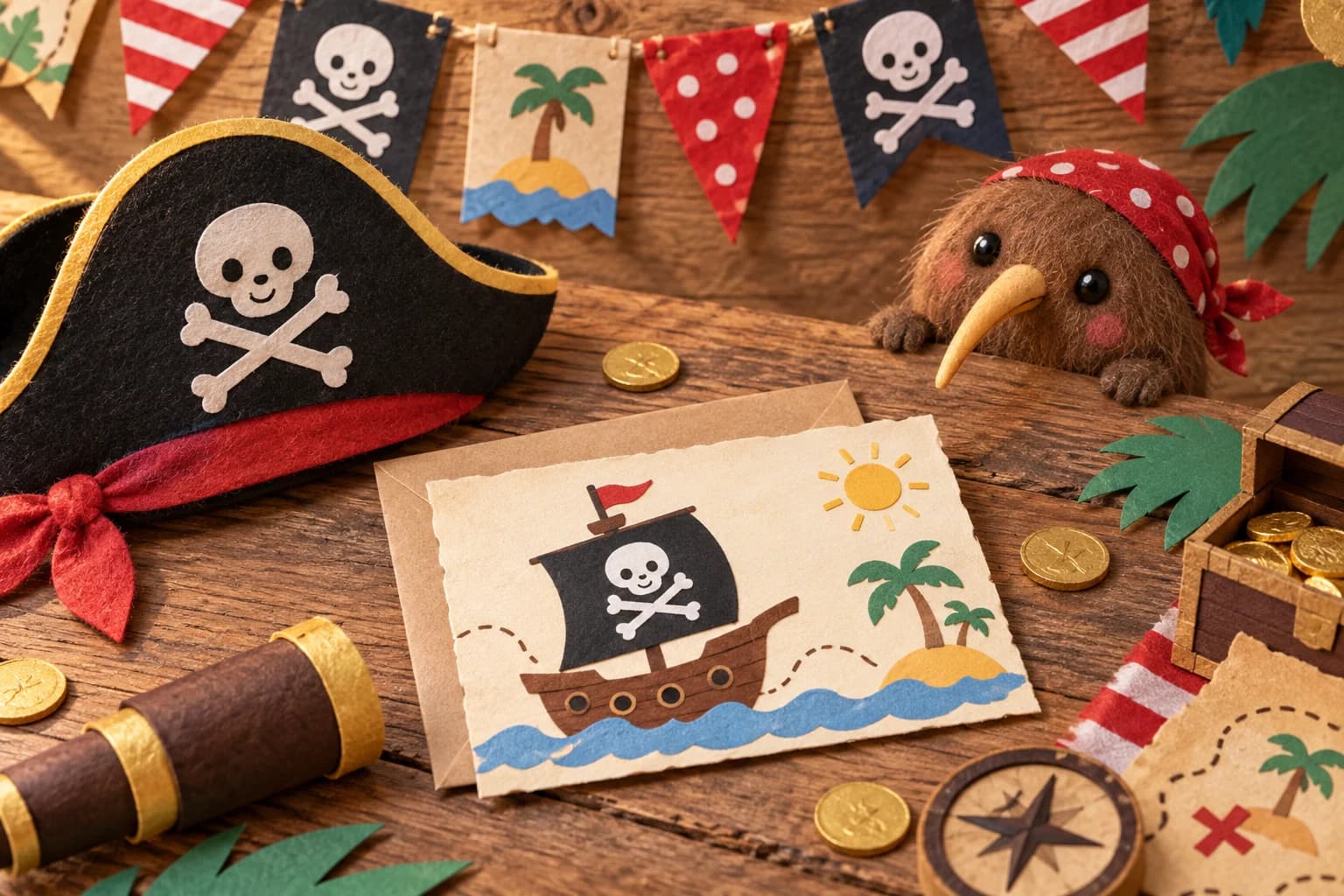 Kit d’anniversaire pirate composé d’une invitation, d’une guirlande de fanions et d’un chapeau pirate en papier assemblé.
