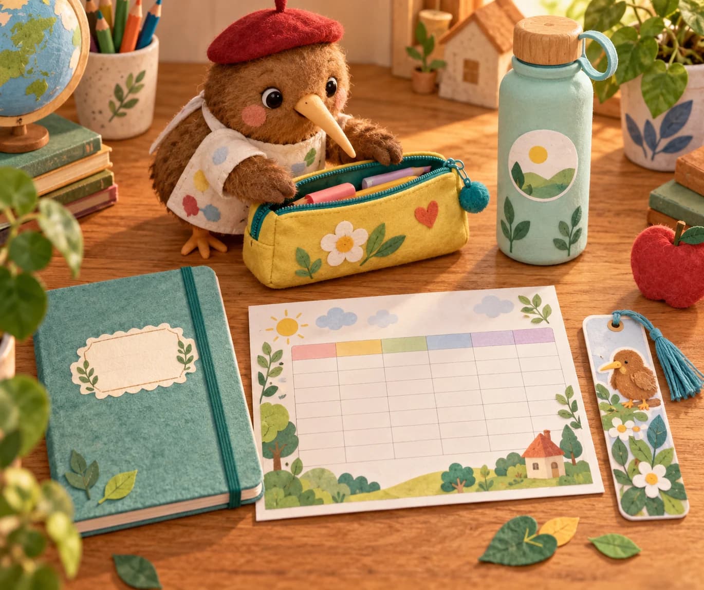 Planche imprimable de rentrée comprenant plusieurs étiquettes à coller sur des affaires scolaires, un marque-page décoratif et un emploi du temps vierge à colorier et à remplir.