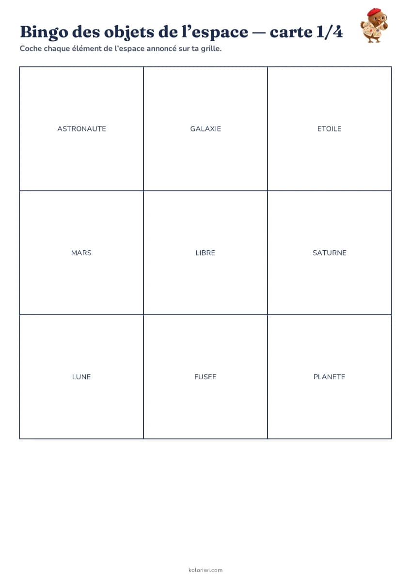 Bingo des objets de l’espace — aperçu de la fiche à imprimer