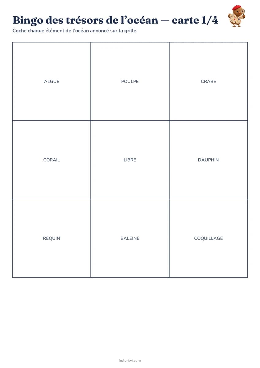 Bingo des trésors de l’océan — aperçu de la fiche à imprimer