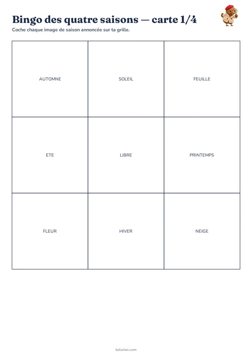Bingo des quatre saisons — aperçu de la fiche à imprimer