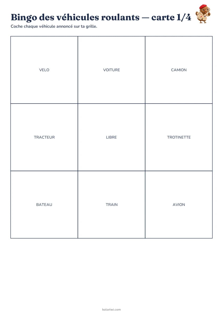Bingo des véhicules roulants — aperçu de la fiche à imprimer