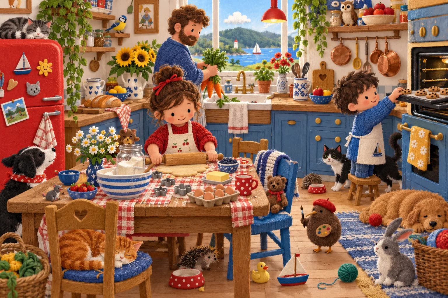 Explore la cuisine animée pour retrouver le chat endormi, le canard en plastique et les biscuits encore chauds.