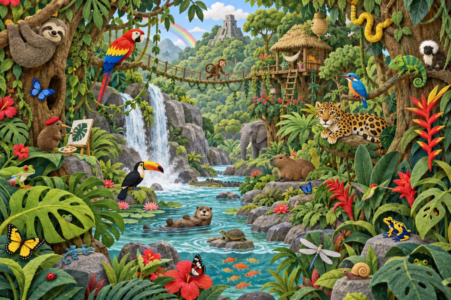 Dans la jungle, déniche le perroquet rouge, le jaguar tacheté et cinq animaux étonnants.