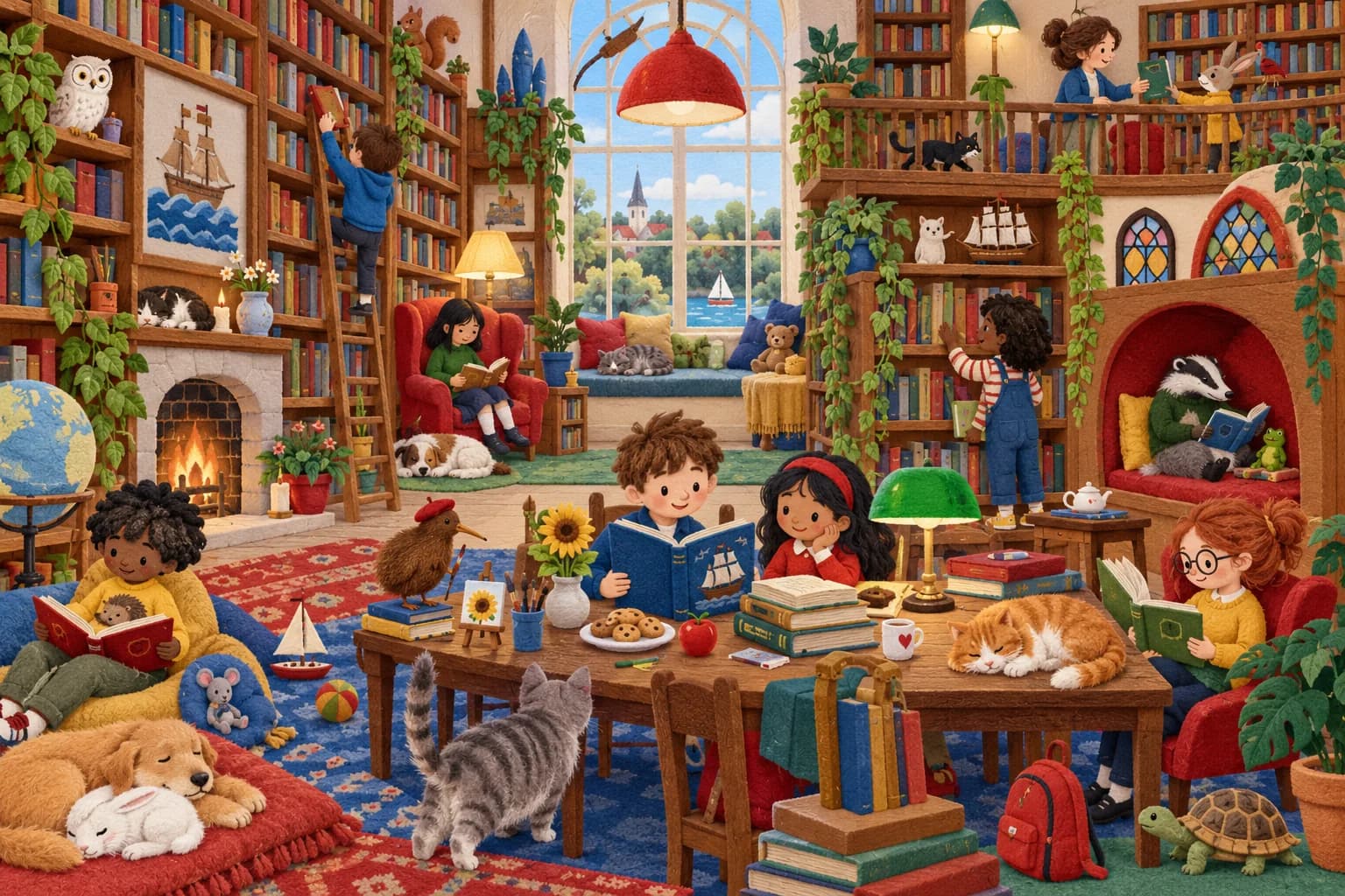 Entre dans la bibliothèque et retrouve la chouette blanche, le blaireau lecteur, le voilier et quatre objets cachés.