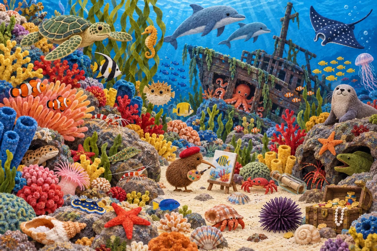 Explore le récif pour retrouver la tortue de mer, la pieuvre rouge, le coffre au trésor et quatre créatures.