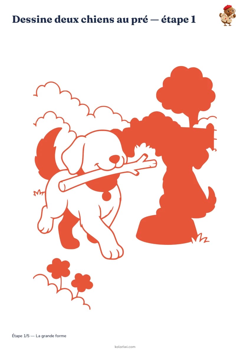 Dessine deux chiens au pré — aperçu des étapes de dessin