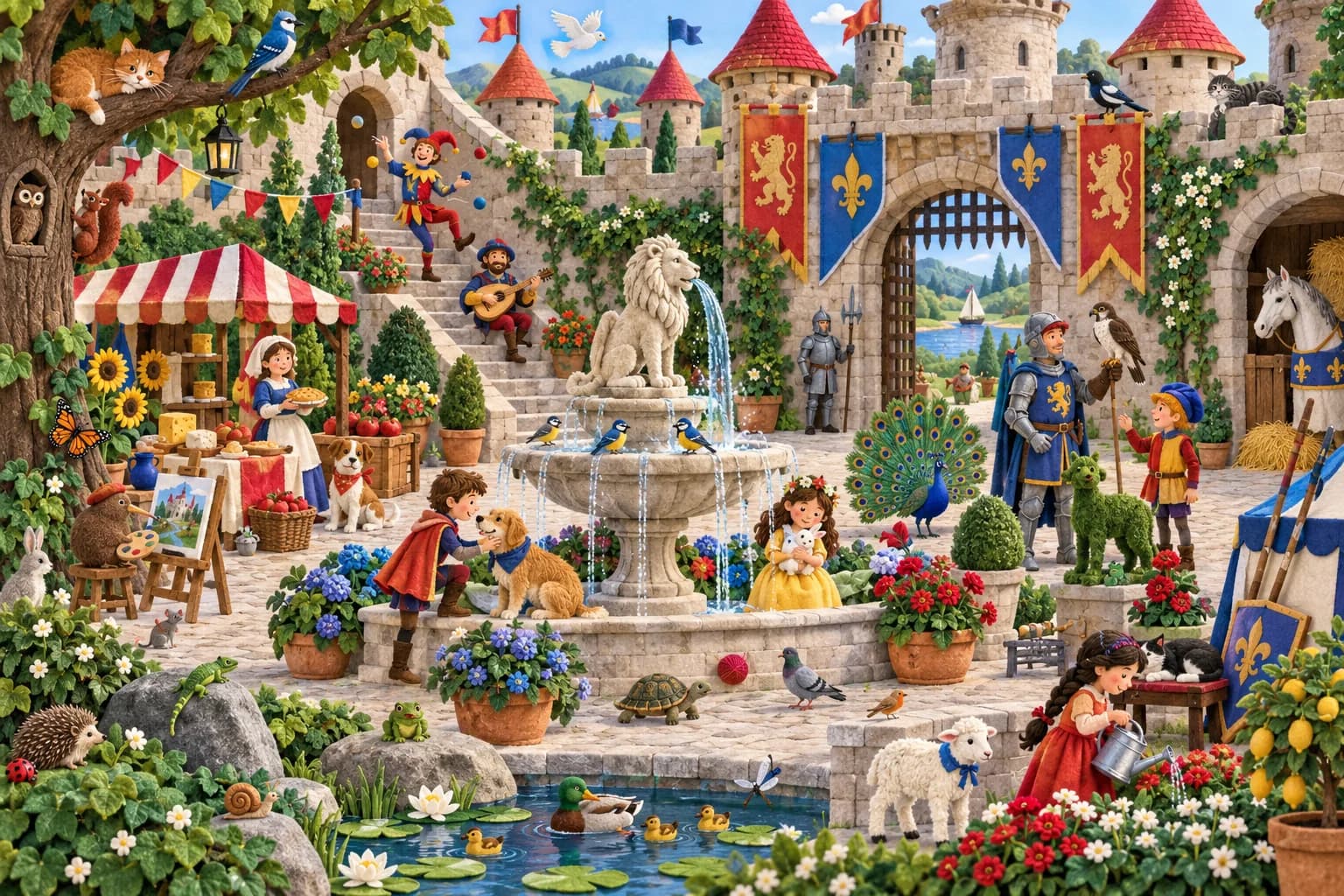 Explore la cour du château et repère les changements parmi la fontaine, les animaux et les plantes colorées.