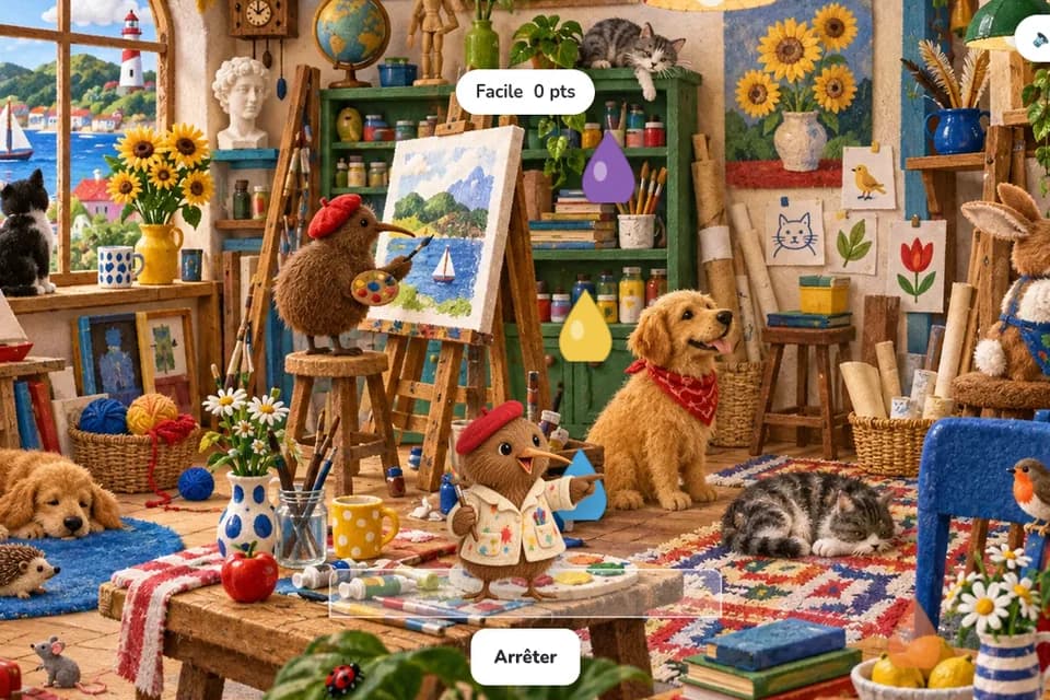 Deux oiseaux peintres se tiennent dans un atelier coloré où tombent des gouttes violette et jaune, entourés de chiens et de chats.
