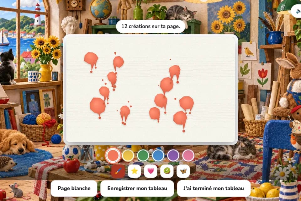Des taches de peinture orange parsèment une feuille blanche dans un atelier rempli de jouets, de plantes et d’animaux.