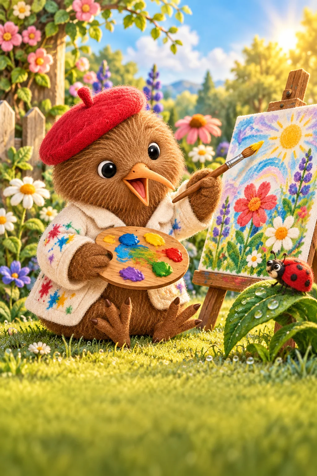 Kiwi peint des couleurs au-dessus d’un jardin fleuri pendant que Zia l’observe depuis une feuille.
