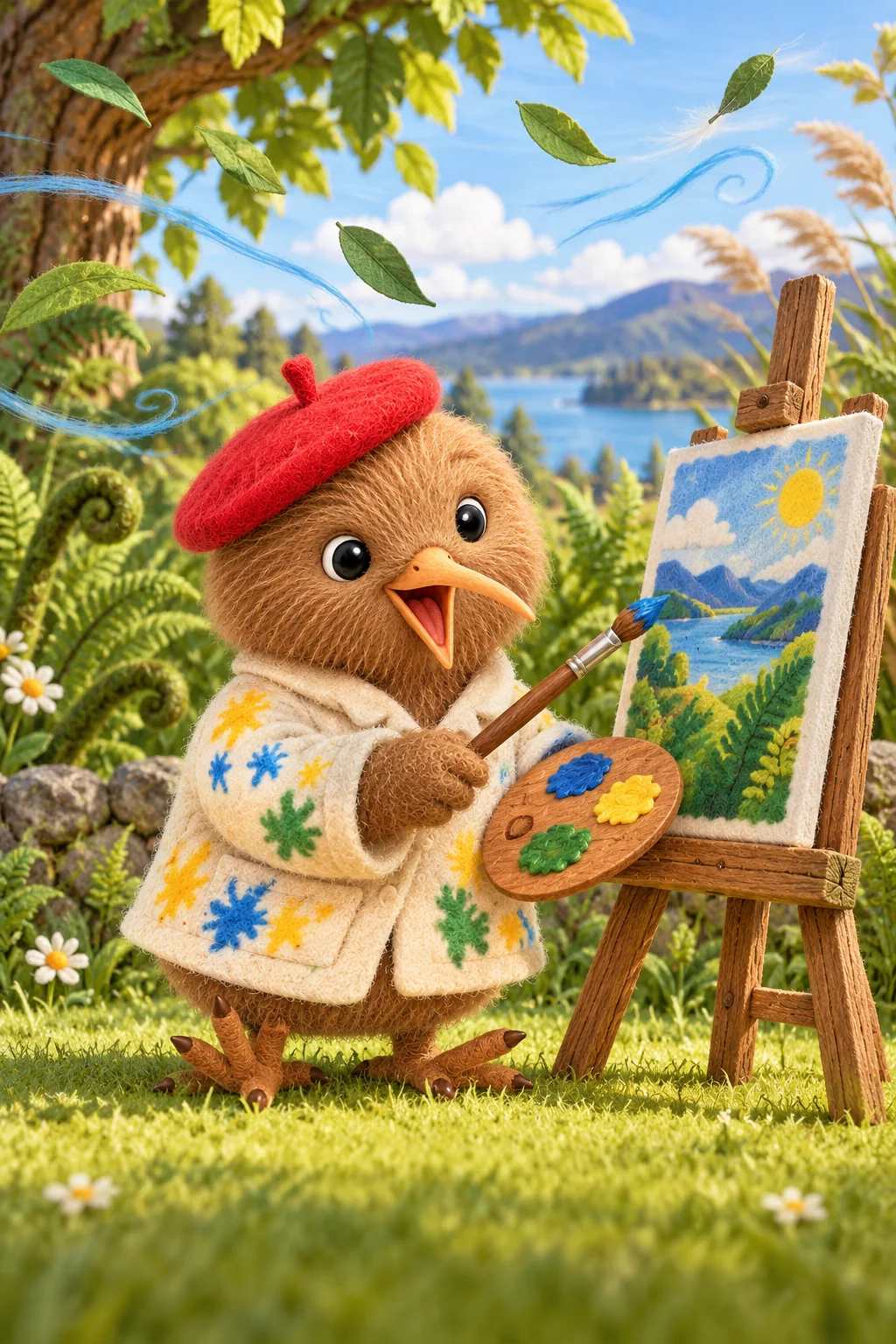 Kiwi paints swirling blue wind beside his easel in a bright fern-filled garden.